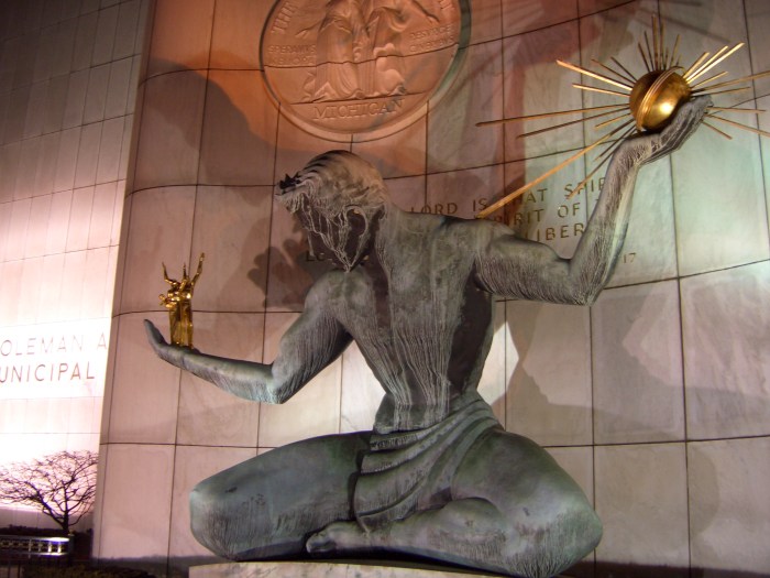 the-spirit-of-detroit-sculpture-at-night