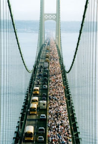 Walkers in the Mackinac Bridge Walk from the tower!