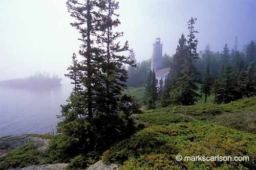 Rock Harbor Lighthouse, in lifting fog - Isle Royale National Park