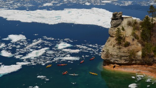 Miners Castle, with ice and kayaks