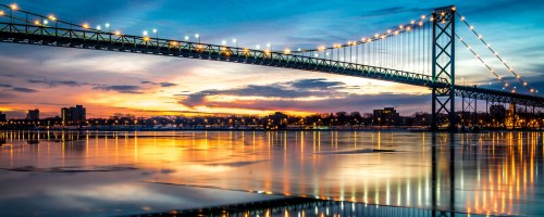 This is Ambassador Bridge - connects the USA and Canada.( a view from Detroit side). Picture taken during the "blue hour" Please enjoy the view the way I did.