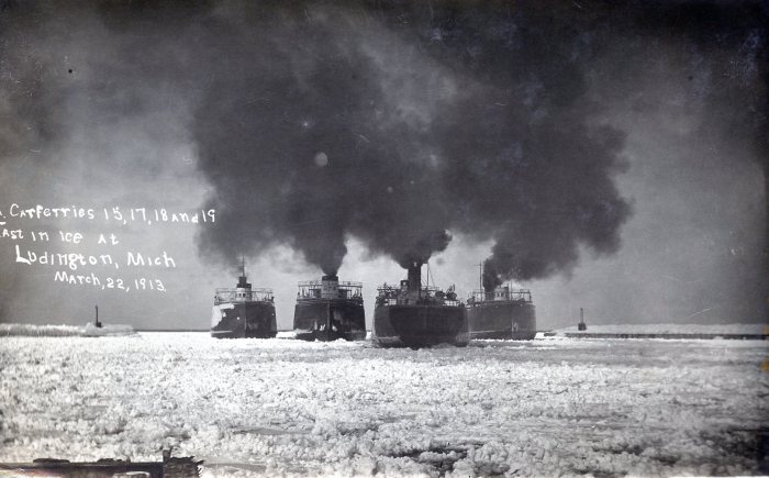 Carferries Icebound in Ludington 1913