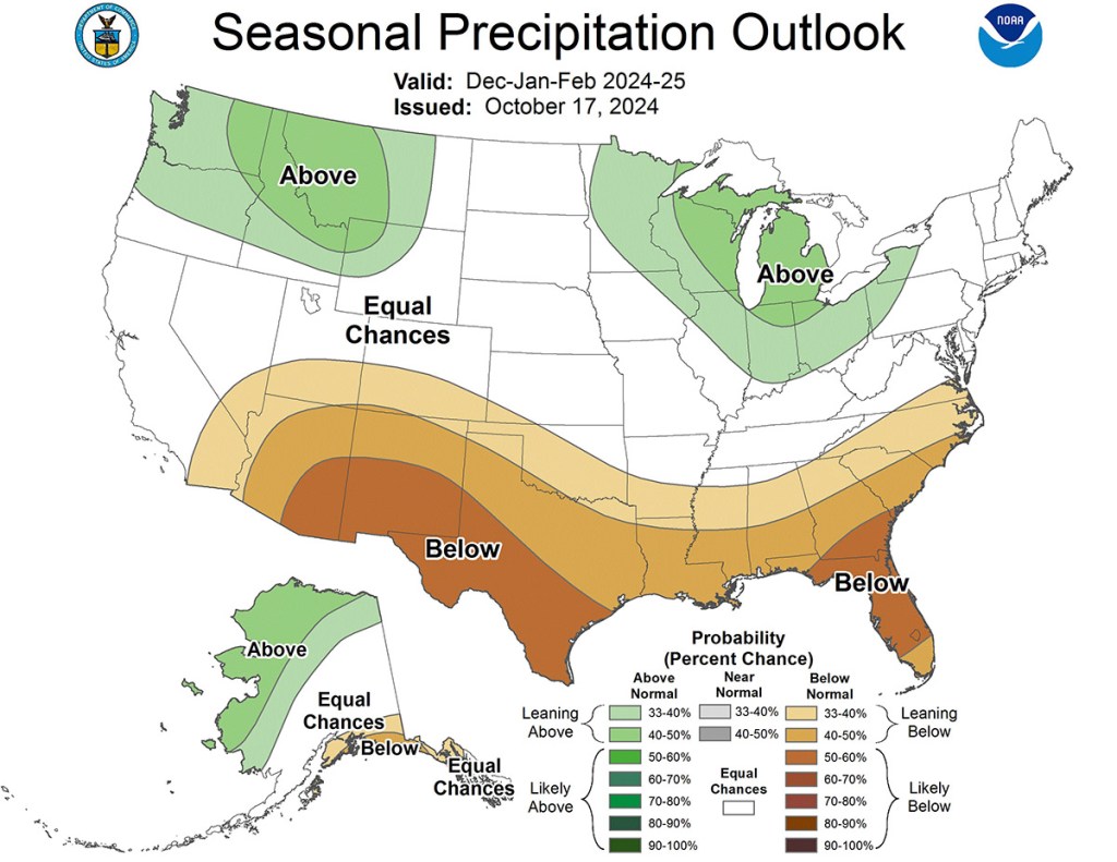 The 2024-2025 U.S. Winter Outlook map for precipitation shows wetter-than-average conditions are most likely across the Great Lakes region of the U.S.. Drier-than-average conditions are forecast for parts of the U.S. Gulf Coast. (Image credit: NOAA)