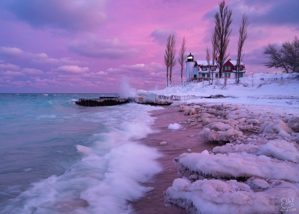 Winter Sunrise At Point Betsie  by Ross Ellet