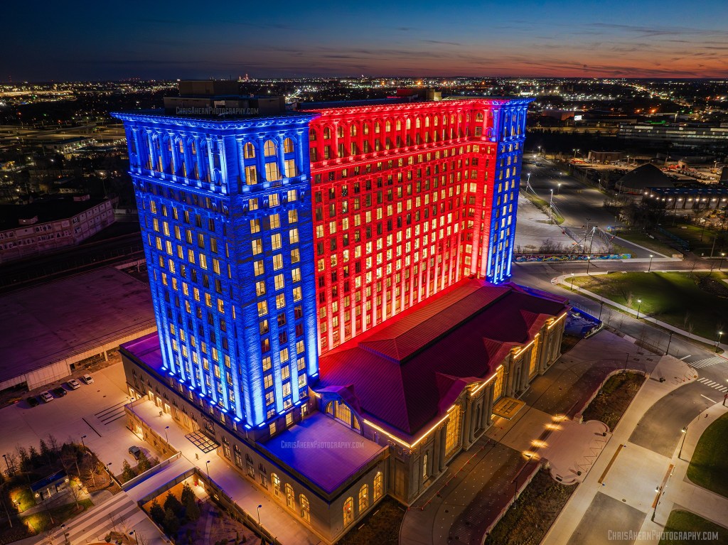 Michigan Central lights up for the Detroit Pistons by Chris Ahern Photography