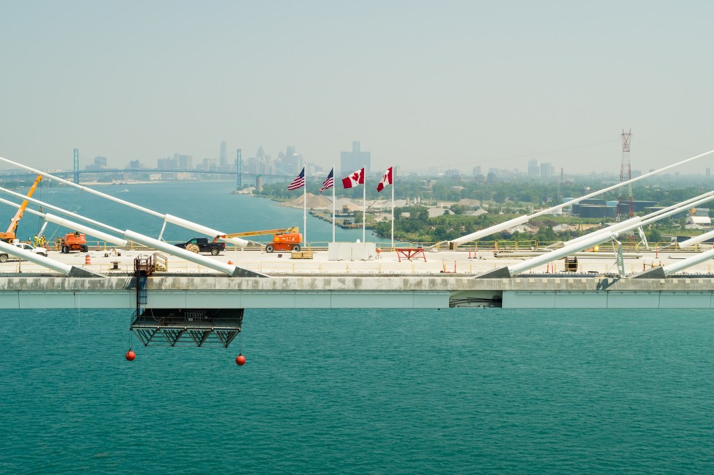 Canadian & US Flags on Gordie Howe International Bridge 