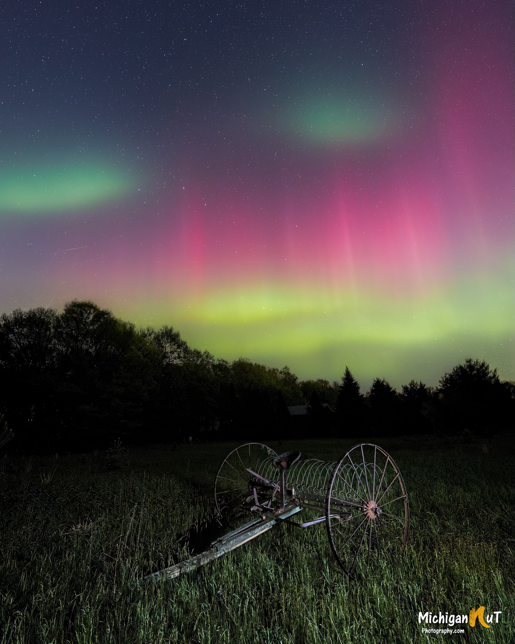 Northern Lights & Hay Rake by Michigan Nut Photography