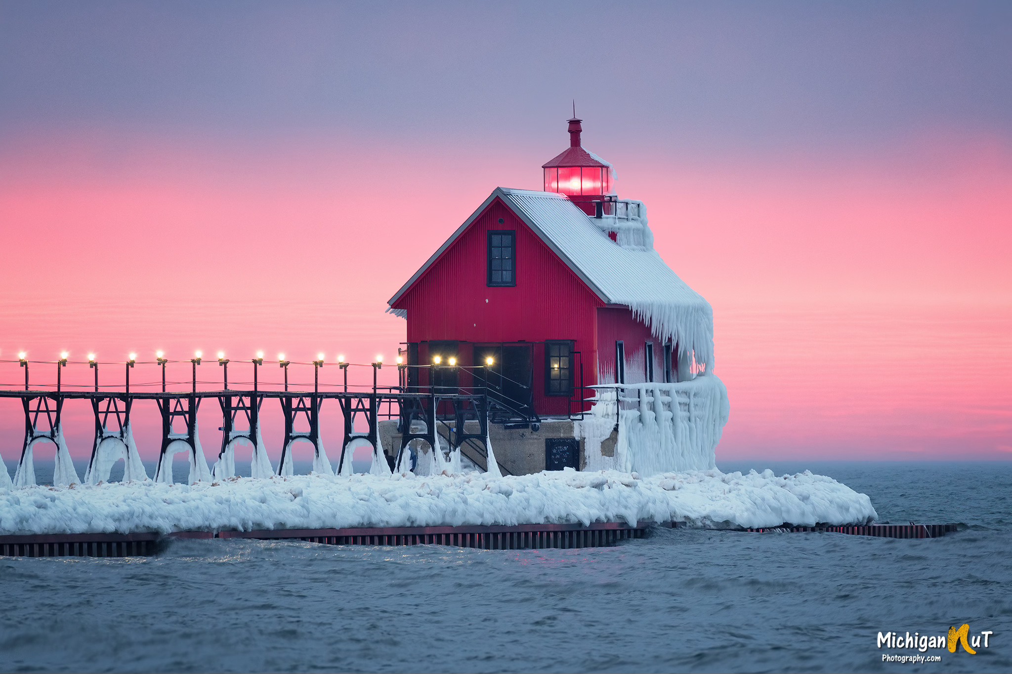 Winter Evening at Grand Haven Lighthouse by Michigan Nut Photography